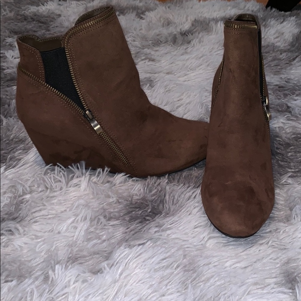 Brown wedge booties